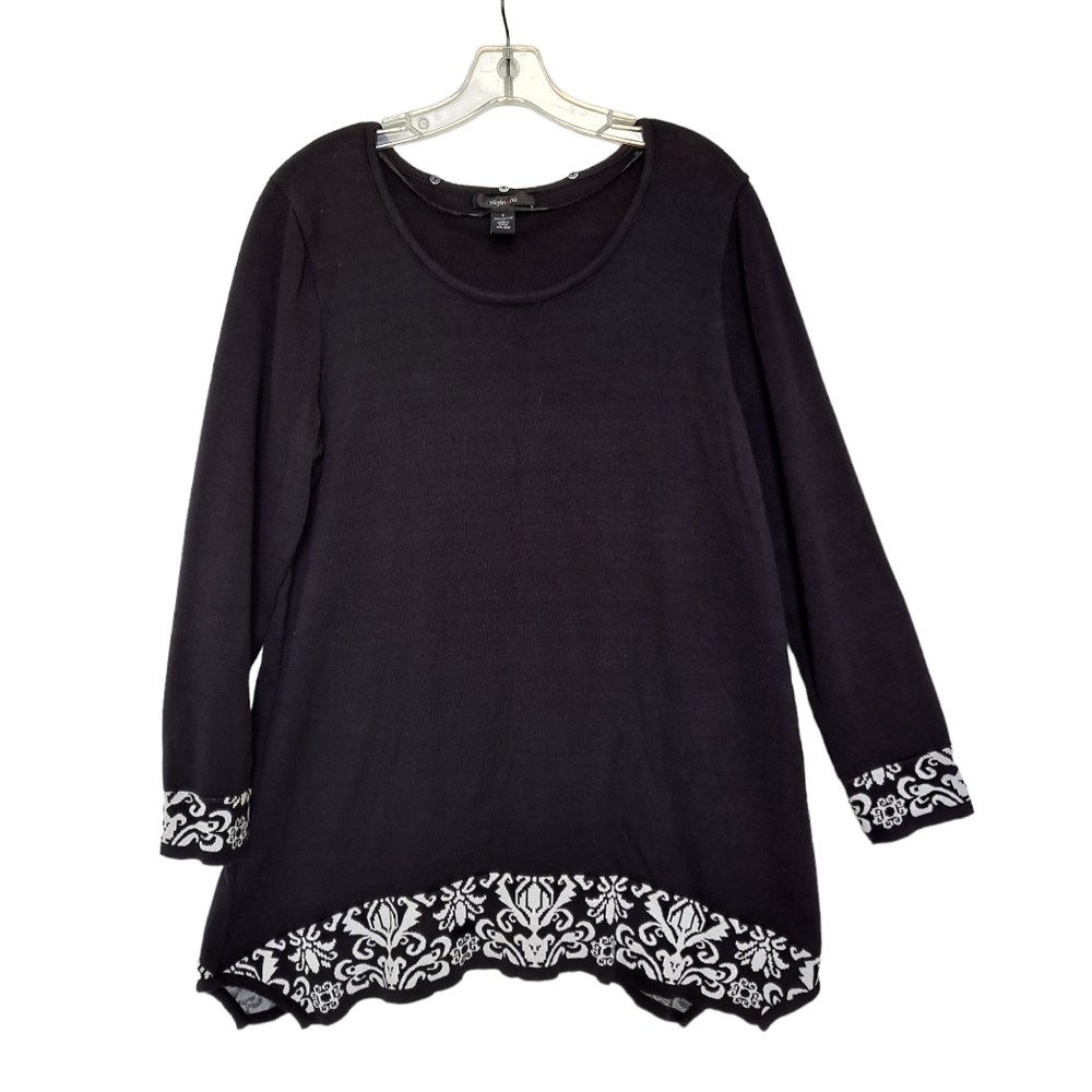 Style & Co. Women's Black White Floral Trim Asymmetrical Hem Sweater Cotton szL